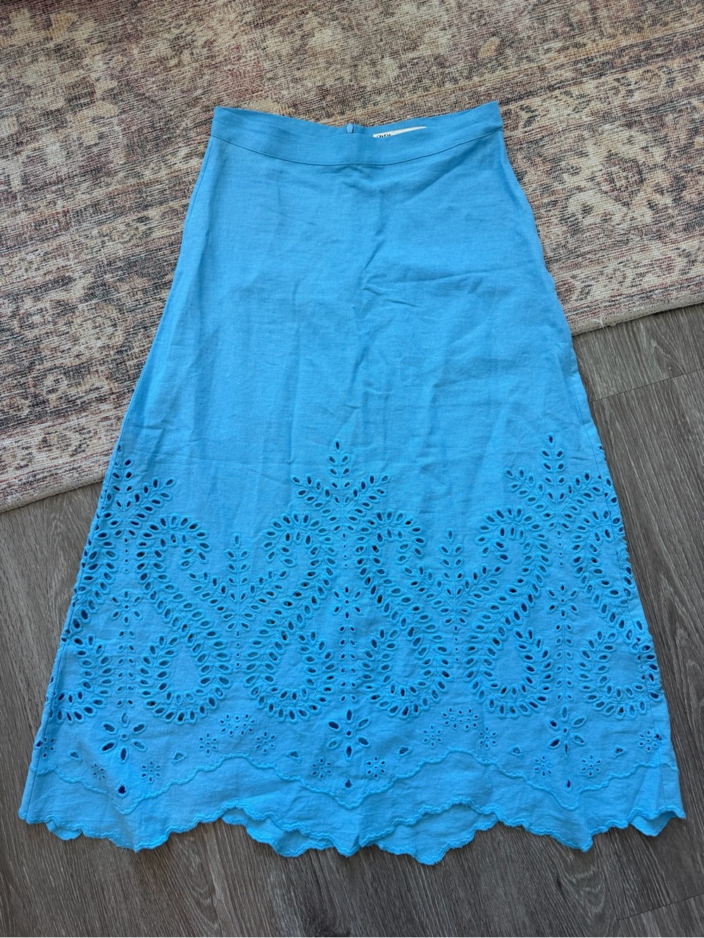 Zara Blue Embroidered Eyelet Linen Blend Midi Skirt